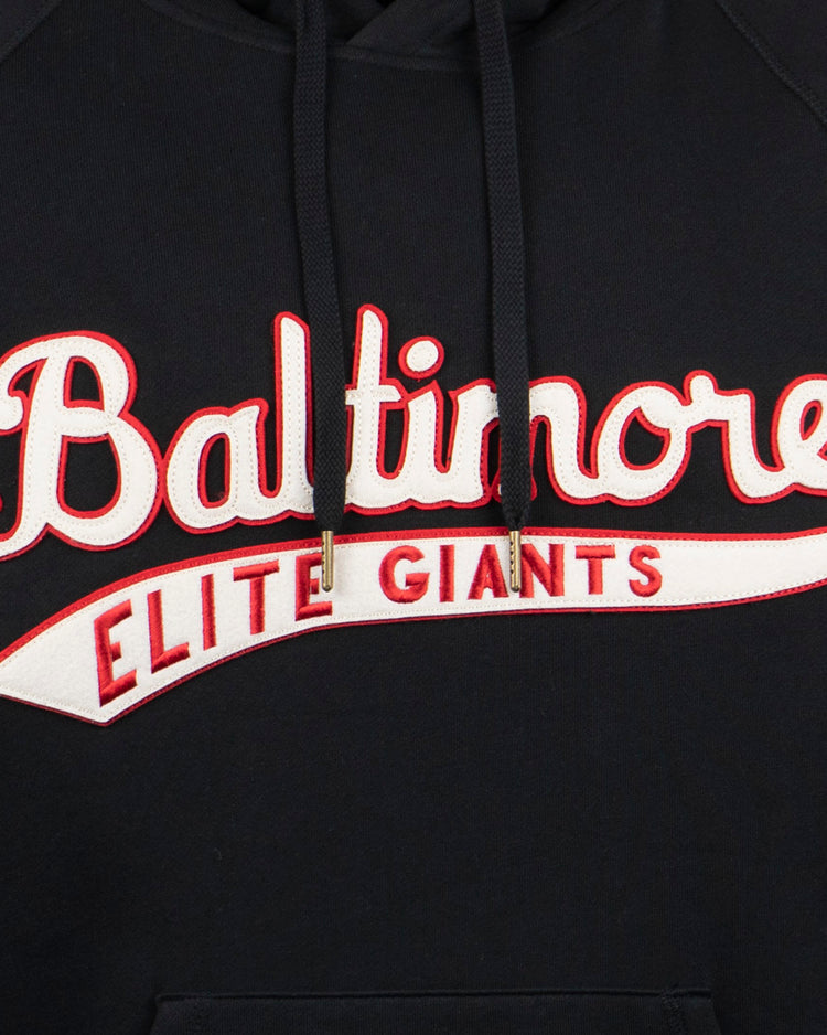 The EFF Baltimore Elite Giants French Terry Script Hooded Sweatshirt features Baltimore in bold script and Elite Giants below, honoring the 1949 team and legendary Jim Gilliam.