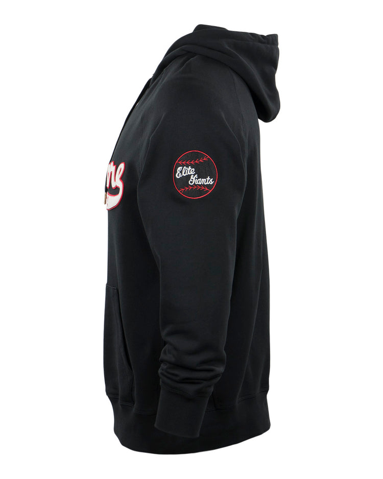 The EFF Baltimore Elite Giants French Terry Script Hooded Sweatshirt is black with a front pocket and a sleeve patch featuring a red border and baseball design reading Elite Giants, honoring 1949 great Jim Gilliam.