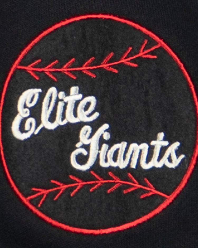 The EFF Baltimore Elite Giants French Terry Script Hooded Sweatshirt features a circular logo with red stitching and “Elite Giants” in white script on black, inspired by the 1949 era with Jim Gilliam before he joined the Brooklyn Dodgers.