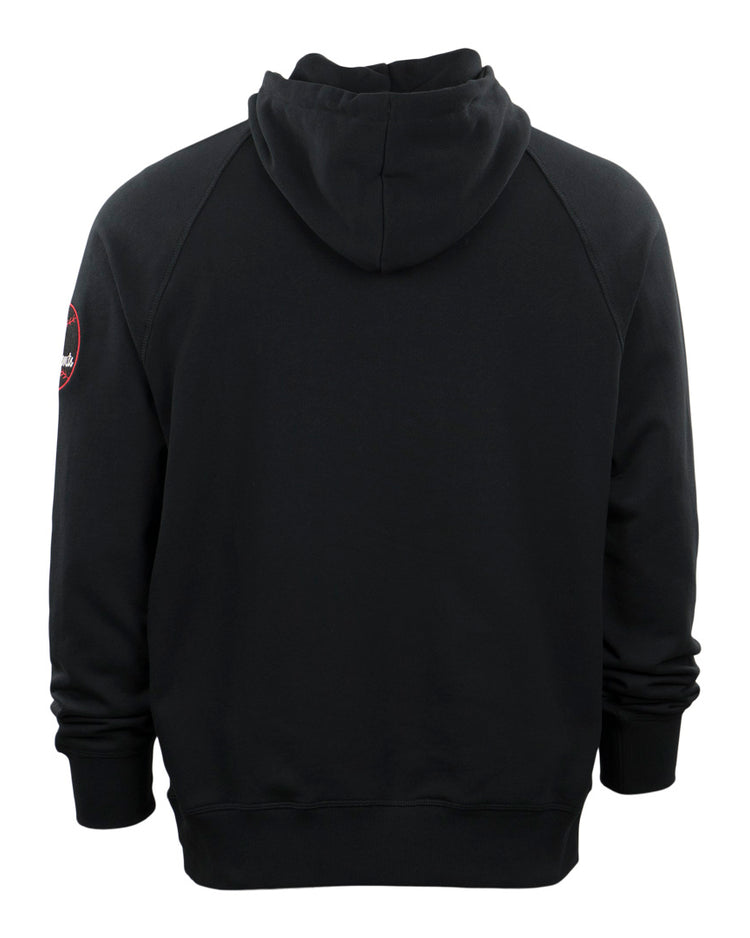 The EFF Baltimore Elite Giants French Terry Script Hooded Sweatshirt is a plain black hoodie with long sleeves and a small round red and black patch on the upper left arm, referencing the historic Negro League team.