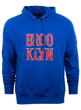 EFF’s Brooklyn Royal Giants French Terry Script Hooded Sweatshirt in blue features red and white BROOKLYN lettering on the chest, a front pocket, drawstrings, and is crafted from soft heavyweight cotton for comfort.