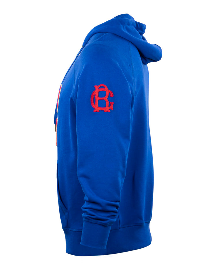EFF Brooklyn Royal Giants French Terry Script Hooded Sweatshirt in bright blue, shown from the side with hood up, features a red embroidered logo on the upper sleeve and a front pocket. No person is visible.