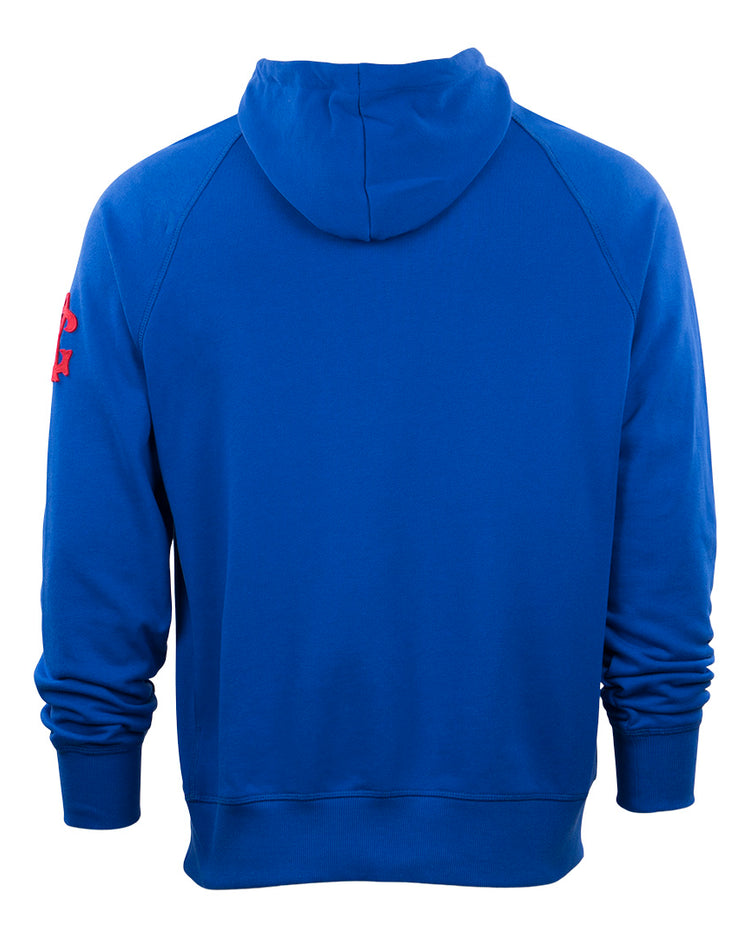 The EFF Brooklyn Royal Giants French Terry Script Hooded Sweatshirt is shown from the back in royal blue, with long sleeves, a relaxed fit, and a red logo detail on the right sleeve.
