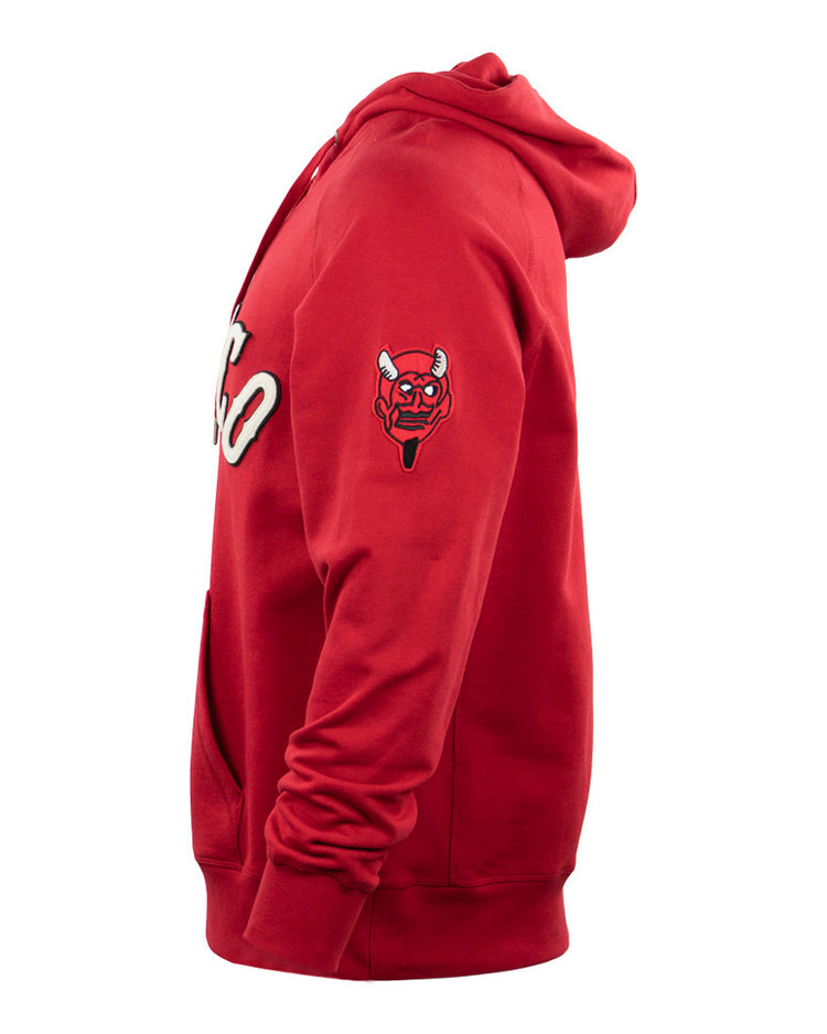 Side view of the EFF Mexico City Red Devils French Terry Script Hooded Sweatshirt in red, featuring front pockets, white chest script, and an embroidered demon face patch inspired by the iconic baseball team.
