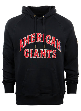 The EFF Chicago American Giants French Terry Script Hooded Sweatshirt is a black hoodie with a front pocket and drawstrings, featuring bold red and white AMERICAN GIANTS lettering—honoring Rube Foster and the Negro National League.