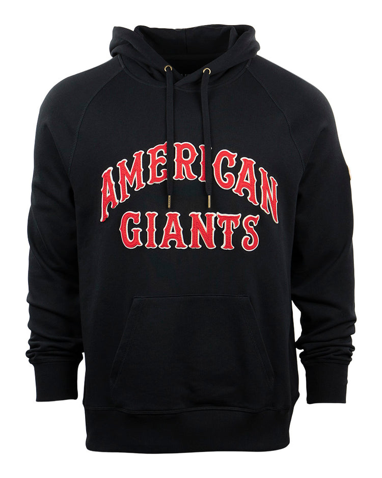 The EFF Chicago American Giants French Terry Script Hooded Sweatshirt is a black hoodie with a front pocket and drawstrings, featuring bold red and white AMERICAN GIANTS lettering—honoring Rube Foster and the Negro National League.