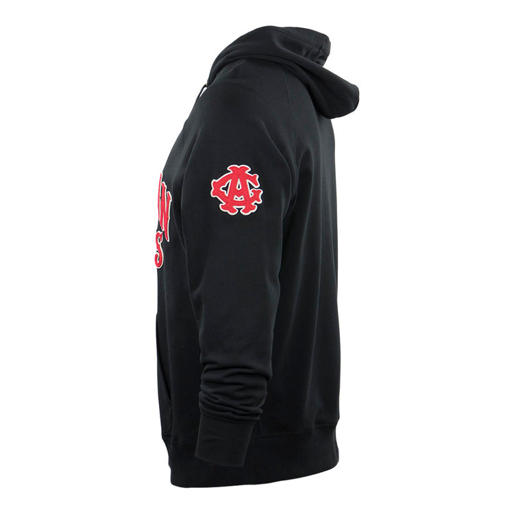 Side view of the EFF Chicago American Giants French Terry Script Hooded Sweatshirt in black, featuring red and white script on the chest and a circular American Giants emblem on the upper sleeve honoring Rube Foster.