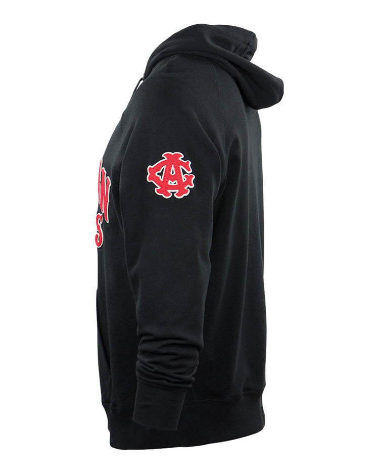 Side view of the EFF Chicago American Giants French Terry Script Hooded Sweatshirt in black, featuring red and white script on the chest and a circular American Giants emblem on the upper sleeve honoring Rube Foster.