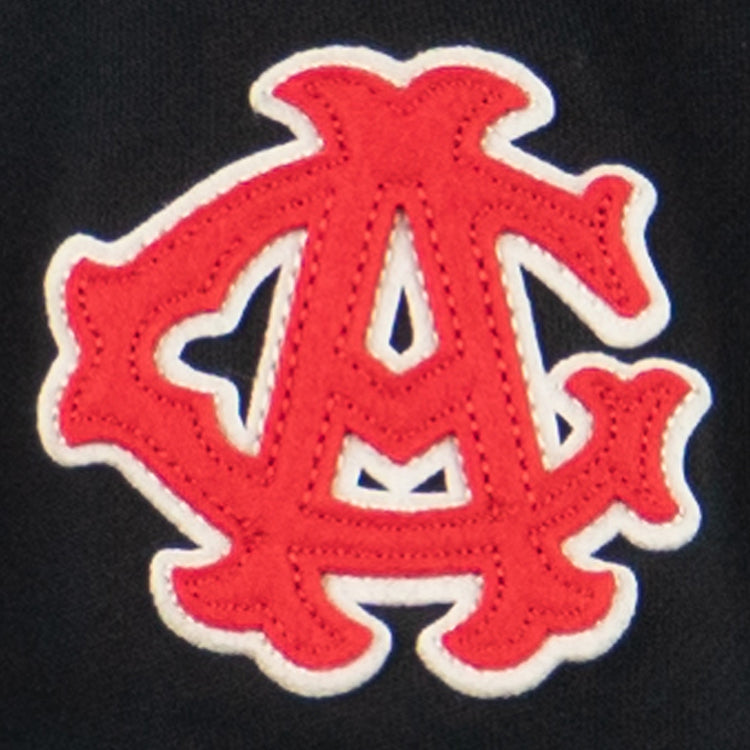 The EFF Chicago American Giants French Terry Script Hooded Sweatshirt features a red and white embroidered interlocking “A” and “C” logo on black, honoring the legendary Negro National League team founded by Rube Foster.