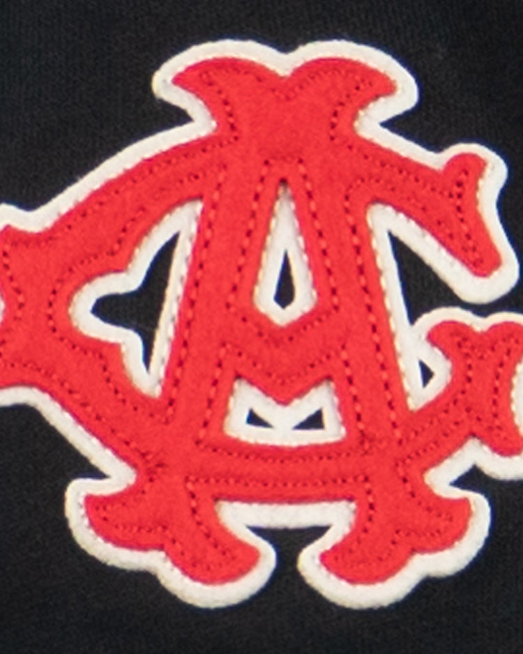 The EFF Chicago American Giants French Terry Script Hooded Sweatshirt features a red and white embroidered interlocking “A” and “C” logo on black, honoring the legendary Negro National League team founded by Rube Foster.