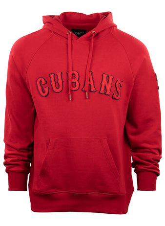 The EFF New York Cubans French Terry Script Hooded Sweatshirt features a red design with a front pocket and “CUBANS” boldly embroidered across the chest, honoring the legendary Negro National League baseball team.