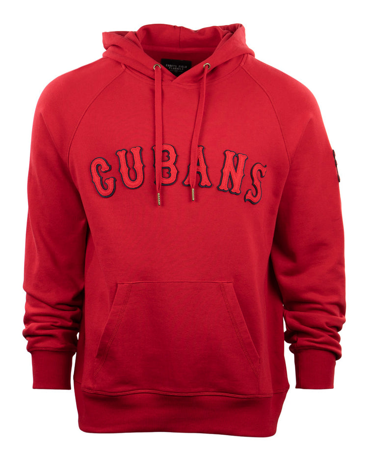 The EFF New York Cubans French Terry Script Hooded Sweatshirt features a red design with a front pocket and “CUBANS” boldly embroidered across the chest, honoring the legendary Negro National League baseball team.