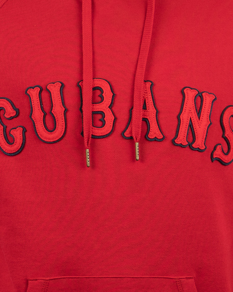 A close-up of the EFF New York Cubans French Terry Script Hooded Sweatshirt, featuring bold CUBANS lettering across the chest that honors the historic Negro National League team, with two drawstrings hanging down the front.