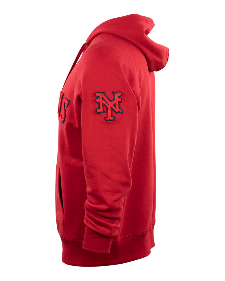 The EFF New York Cubans French Terry Script Hooded Sweatshirt is red with a front pocket, NY patch on the left sleeve, and partial Negro National League-inspired text on the chest. Shown from a side view.