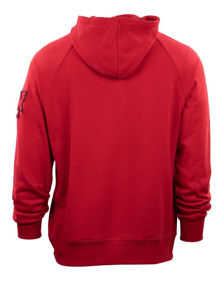 The EFF New York Cubans French Terry Script Hooded Sweatshirt is a plain red hoodie with long sleeves, ribbed cuffs, and a hood, featuring an embroidered nod to the legendary Negro National League team on the upper left sleeve.