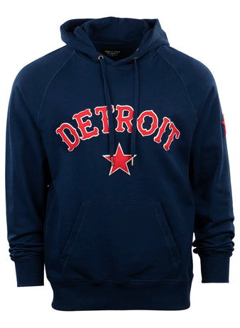 The EFF Detroit Stars French Terry Script Hooded Sweatshirt features DETROIT in bold red letters with a white outline and a red star below, honoring the Detroit Stars. Includes a front pocket and drawstring hood.