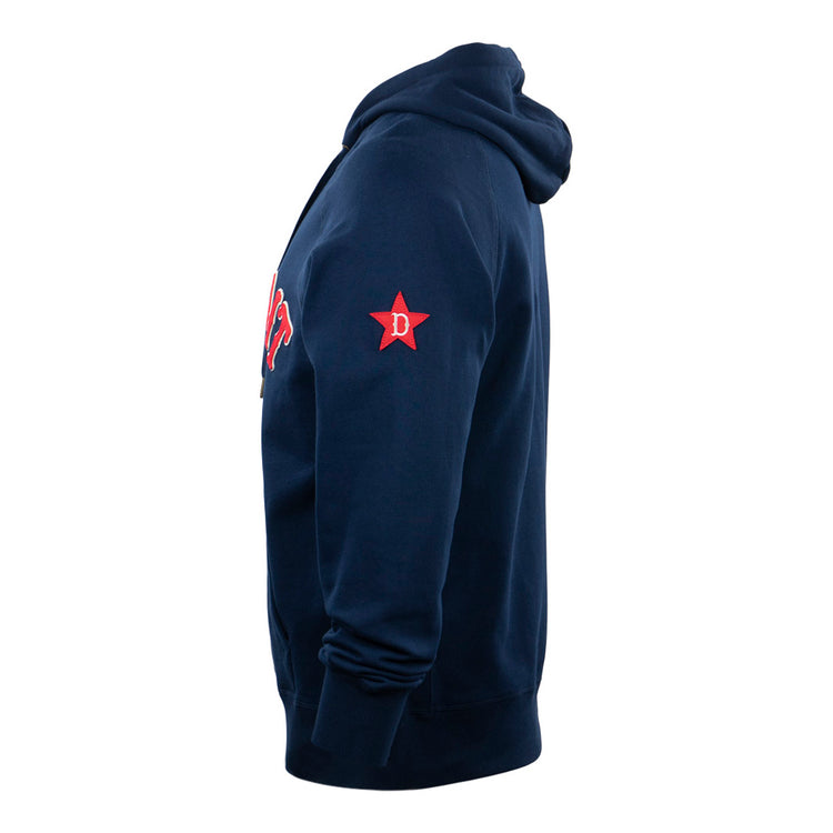 The EFF Detroit Stars French Terry Script Hooded Sweatshirt is navy blue with a side view showing a sleeve red star and D honoring the Negro National League team, plus part of a red/white logo on the chest.