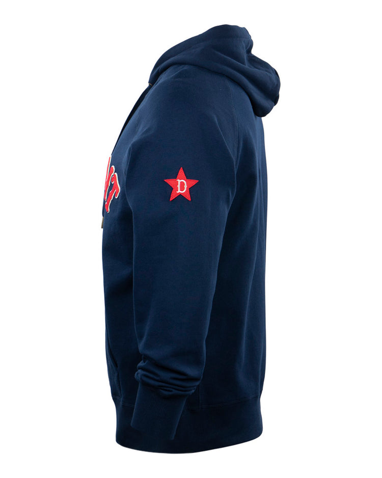 The EFF Detroit Stars French Terry Script Hooded Sweatshirt is navy blue with a side view showing a sleeve red star and D honoring the Negro National League team, plus part of a red/white logo on the chest.
