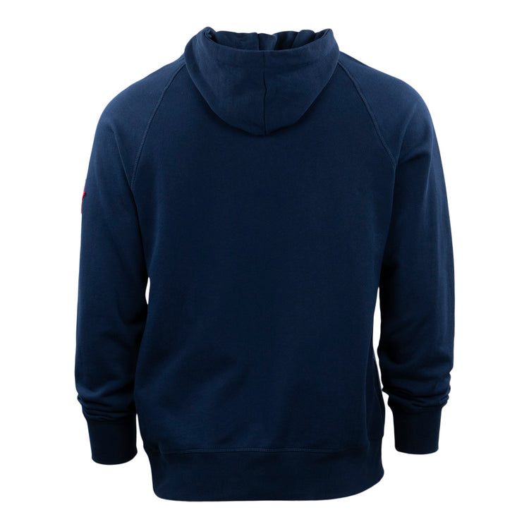 The EFF Detroit Stars French Terry Script Hooded Sweatshirt, shown from the back in plain navy blue with long sleeves and ribbed cuffs and hem, honors the legacy of the Negro Leagues on a white background.