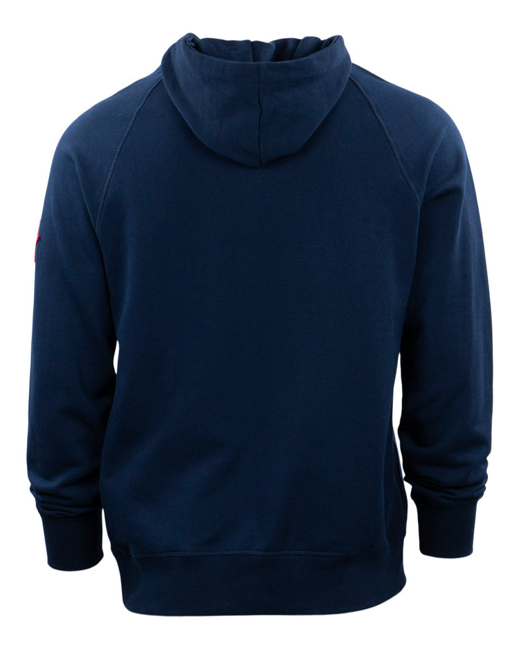 The EFF Detroit Stars French Terry Script Hooded Sweatshirt, shown from the back in plain navy blue with long sleeves and ribbed cuffs and hem, honors the legacy of the Negro Leagues on a white background.