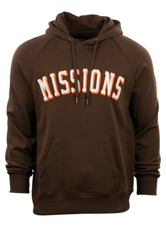 The EFF San Antonio Missions French Terry Script Hooded Sweatshirt features a brown design, front pocket, and bold white and orange MISSIONS lettering—ideal for fans of San Antonio baseball and Texas League heritage.
