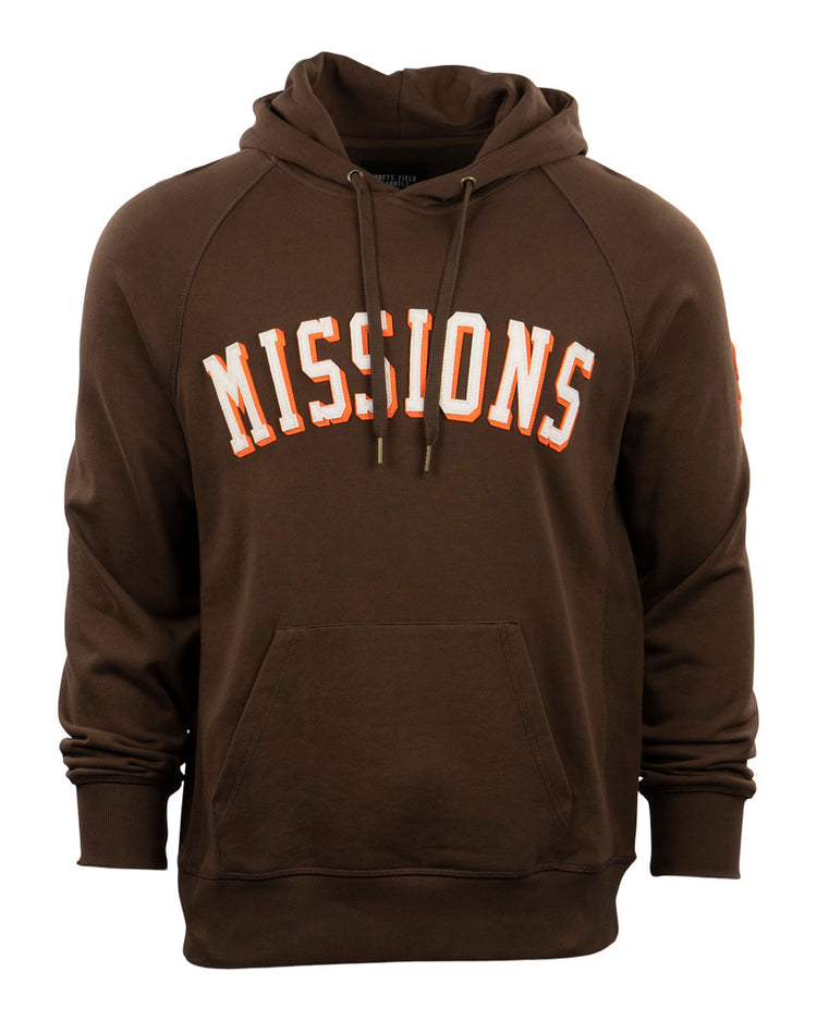 The EFF San Antonio Missions French Terry Script Hooded Sweatshirt features a brown design, front pocket, and bold white and orange MISSIONS lettering—ideal for fans of San Antonio baseball and Texas League heritage.