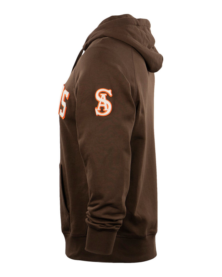 Side view of the EFF San Antonio Missions French Terry Script Hooded Sweatshirt in brown, featuring a front pocket, an embroidered orange and white SA logo on the sleeve, and partially visible orange script on the chest.