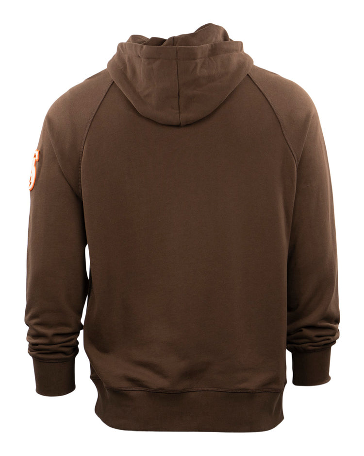 The EFF San Antonio Missions French Terry Script Hooded Sweatshirt is shown from the back, featuring long sleeves, ribbed cuffs, and a small orange logo—perfect for fans of Texas League or San Antonio baseball style.