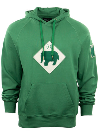 The EFF Denver White Elephants French Terry Script Hooded Sweatshirt is green with a front pocket, features a white diamond patch with a green sheep and baseball club design on the chest, and has a green W patch on the left sleeve.