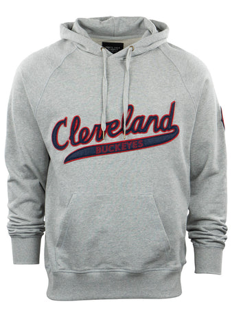 The EFF Cleveland Buckeyes French Terry Script Hooded Sweatshirt features a gray design with a front pocket and Cleveland in red and blue script above Buckeyes in block letters, inspired by the historic League Park era.