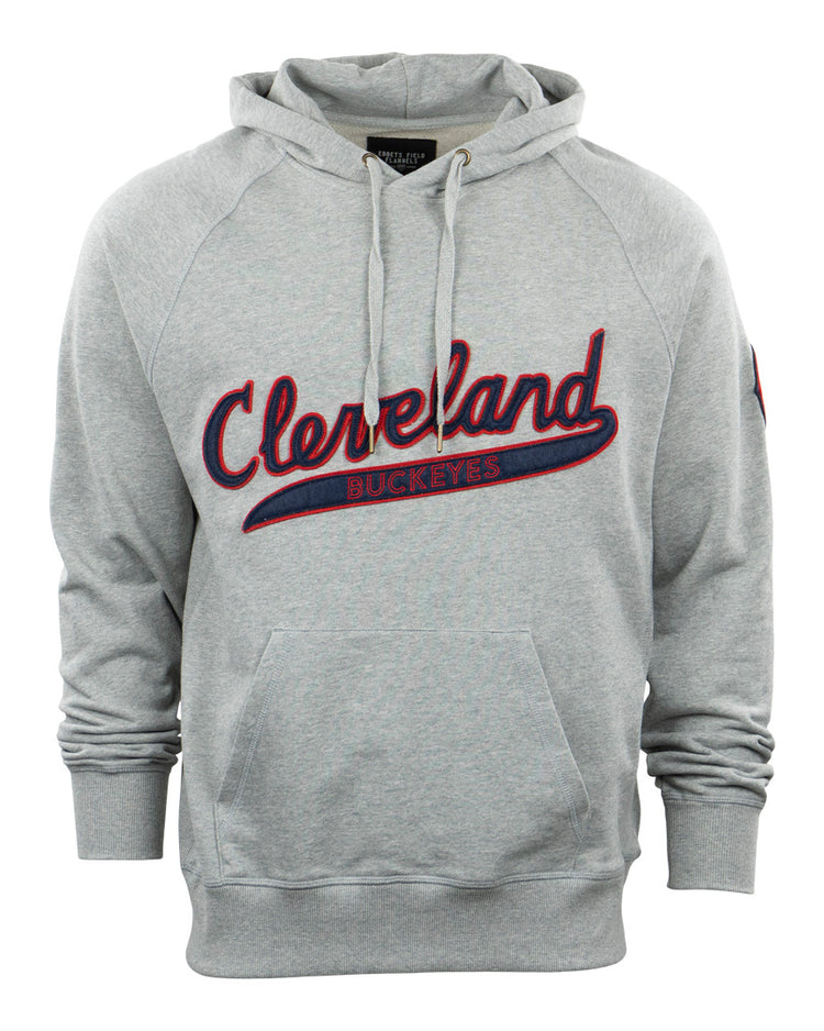 The EFF Cleveland Buckeyes French Terry Script Hooded Sweatshirt features a gray design with a front pocket and Cleveland in red and blue script above Buckeyes in block letters, inspired by the historic League Park era.