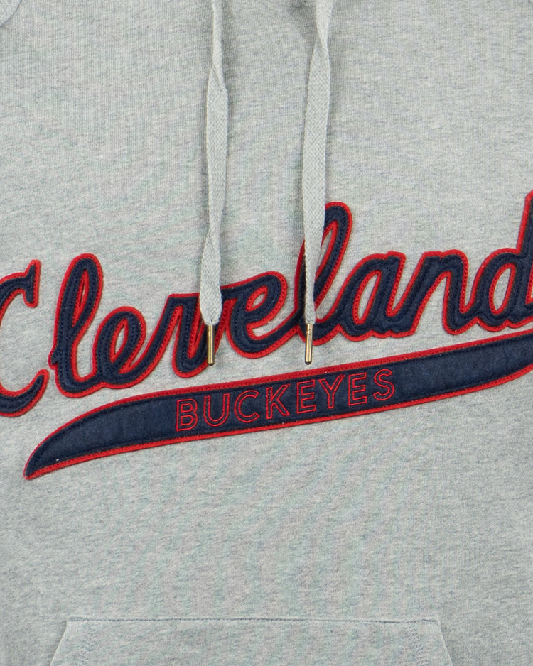 The EFF Cleveland Buckeyes French Terry Script Hooded Sweatshirt is a gray hoodie with bold blue and red Cleveland Buckeyes script and Negro Leagues World Series in red below, honoring their League Park legacy.