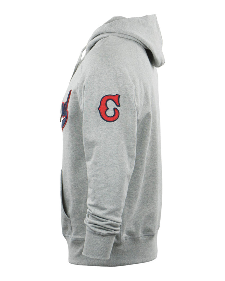 The EFF Cleveland Buckeyes French Terry Script Hooded Sweatshirt in light gray features a red and navy C patch on the upper sleeve, ribbed cuffs and hem, front pockets, a hood up, and subtle League Park-inspired details.
