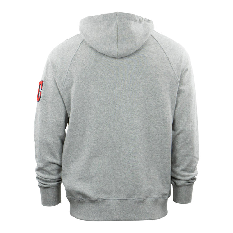 The EFF Birmingham Black Barons French Terry Script Hooded Sweatshirt features a plain light gray back and a small red and black C patch on the left sleeve, honoring legends like Willie Mays of the Negro National League team.