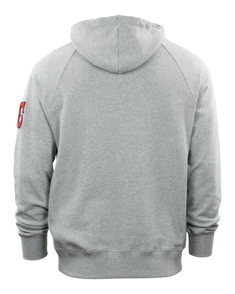 The EFF Birmingham Black Barons French Terry Script Hooded Sweatshirt features a plain light gray back and a small red and black C patch on the left sleeve, honoring legends like Willie Mays of the Negro National League team.