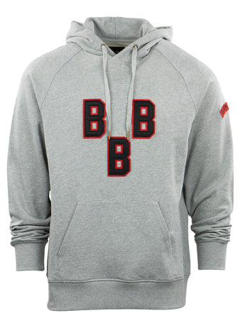 The EFF Birmingham Black Barons French Terry Script Hooded Sweatshirt is a gray hoodie with a front pocket, drawstring hood, and bold black-and-red B letters on the chest, honoring the Negro National League team. A small red detail accents the left sleeve.