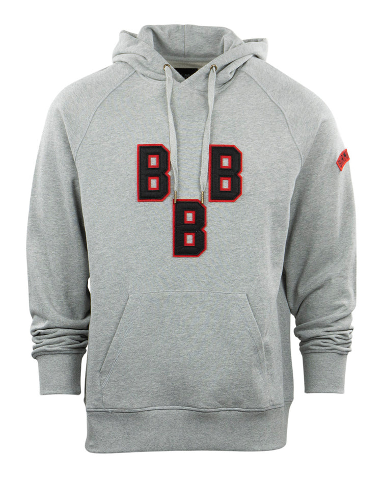 The EFF Birmingham Black Barons French Terry Script Hooded Sweatshirt is a gray hoodie with a front pocket, drawstring hood, and bold black-and-red B letters on the chest, honoring the Negro National League team. A small red detail accents the left sleeve.