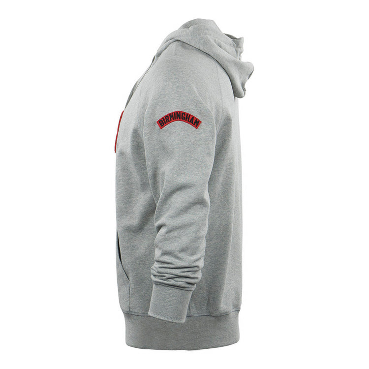 The EFF Birmingham Black Barons French Terry Script Hooded Sweatshirt features a side-view gray design, a red upper-arm patch with BIRMINGHAM, long sleeves, and a front pocket—honoring the Negro National League team.