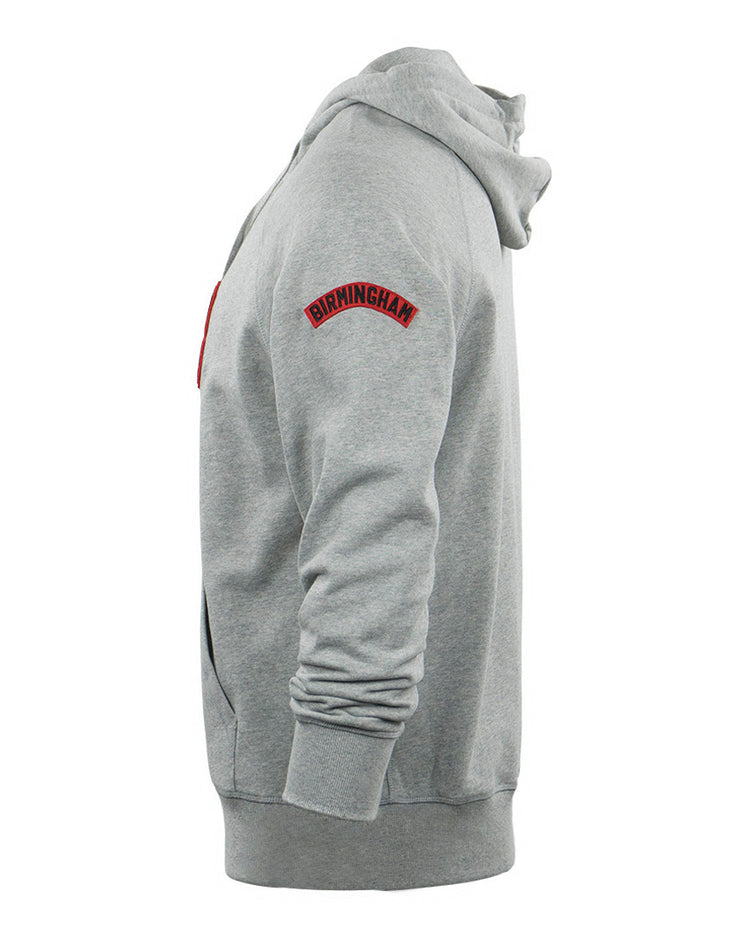 The EFF Birmingham Black Barons French Terry Script Hooded Sweatshirt features a side-view gray design, a red upper-arm patch with BIRMINGHAM, long sleeves, and a front pocket—honoring the Negro National League team.