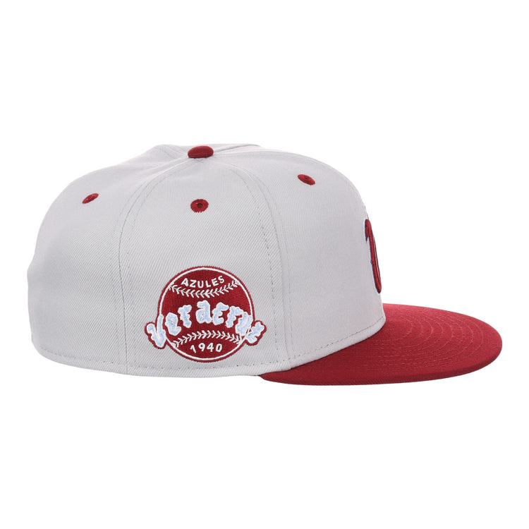 The EFF Veracruz Azules NLB Storm Chasers Fitted Ballcap features a storm gray crown, white panels, red brim, and a baseball-inspired patch with Azules Veracruz 1940, honoring the Mexican League.