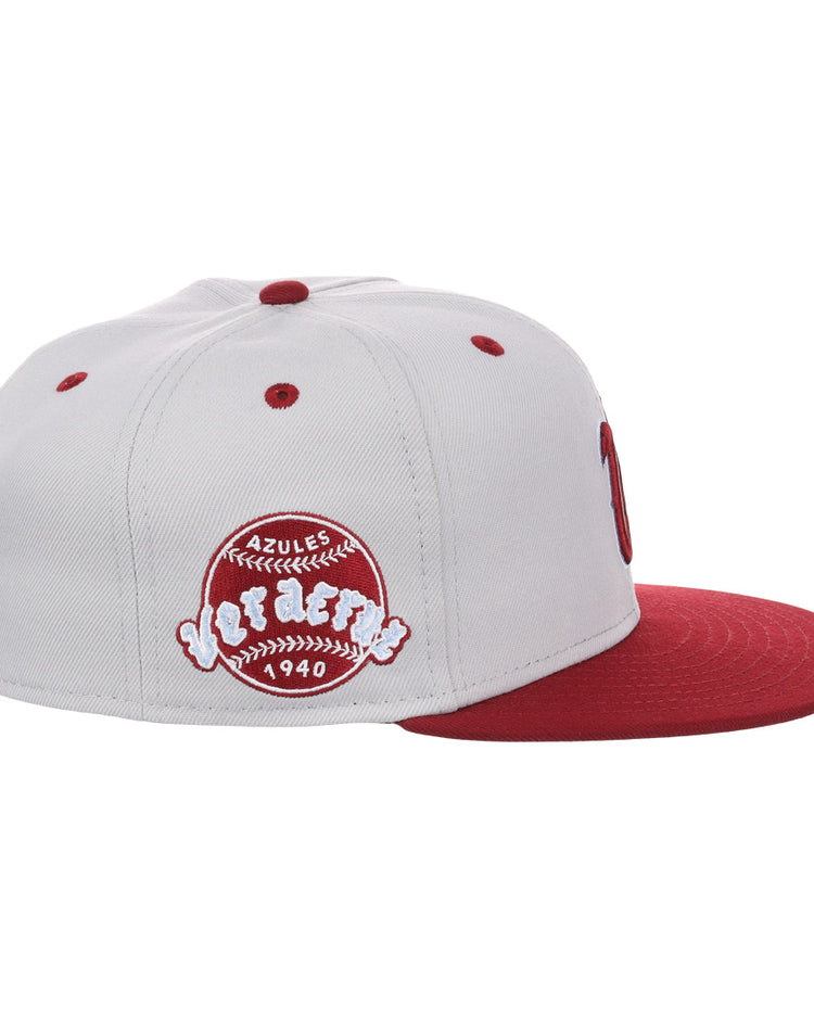 The EFF Veracruz Azules NLB Storm Chasers Fitted Ballcap features a storm gray crown, white panels, red brim, and a baseball-inspired patch with Azules Veracruz 1940, honoring the Mexican League.