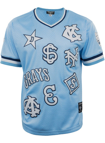 The EFF Negro League Allover Vintage Inspired NL Replica V-Neck Mesh Jersey in light blue features dark blue and white trim, plus various team logos, stars, letters, and GRAYS patches on the front.