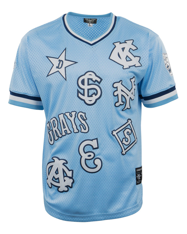 The EFF Negro League Allover Vintage Inspired NL Replica V-Neck Mesh Jersey in light blue features dark blue and white trim, plus various team logos, stars, letters, and GRAYS patches on the front.