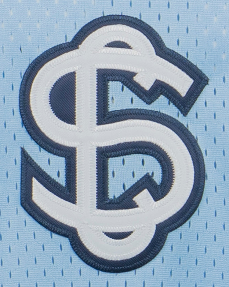 The EFF Negro League Allover Vintage Inspired NL Replica V-Neck Mesh Jersey in light blue features an embroidered white and navy interlocking S and L logo, evoking the style of classic Negro Leagues Baseball jerseys.