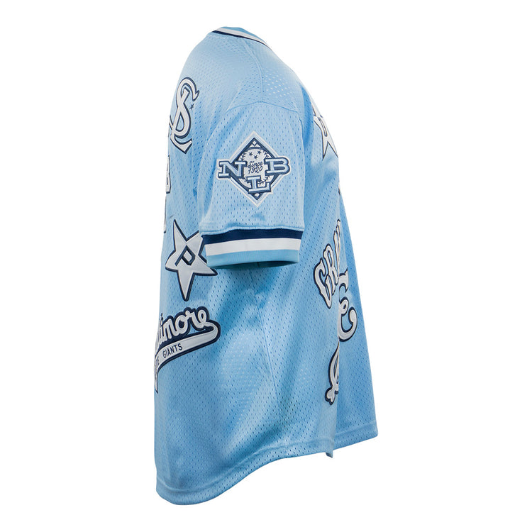 The EFF Negro League Allover Vintage Inspired NL Replica V-Neck Mesh Jersey in light blue features white and dark blue star and text patches, short sleeves, shown from a side angle on a mannequin.