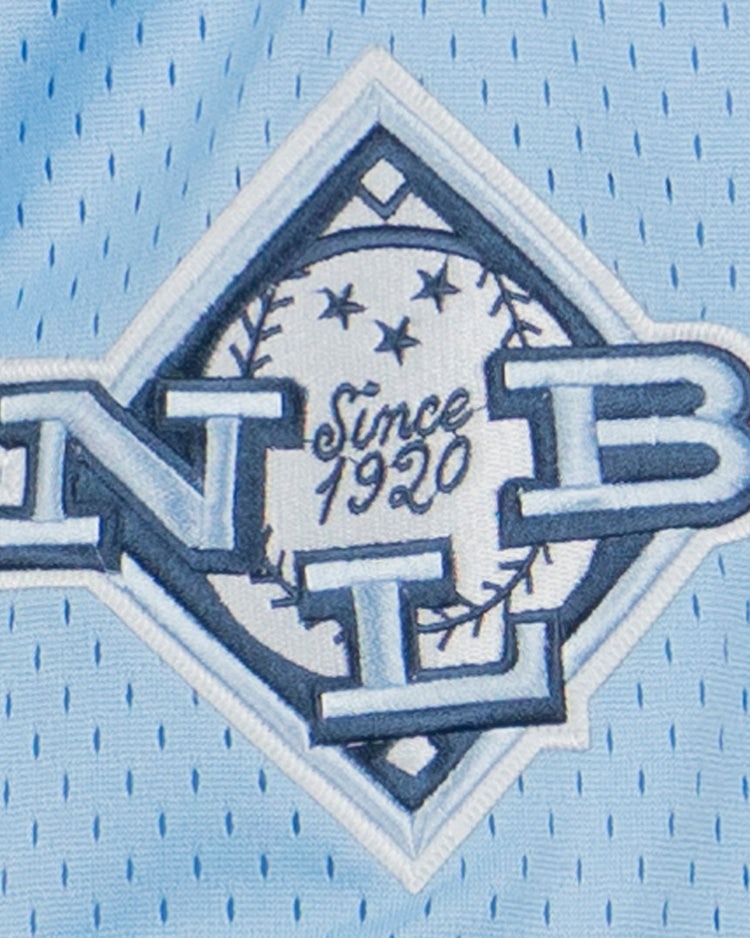 The EFF Negro League Allover Vintage Inspired NL Replica V-Neck Mesh Jersey in light blue features a patch with NLB over a white baseball in a diamond, Since 1920 script, and classic perforated fabric evoking vintage Negro Leagues jerseys.
