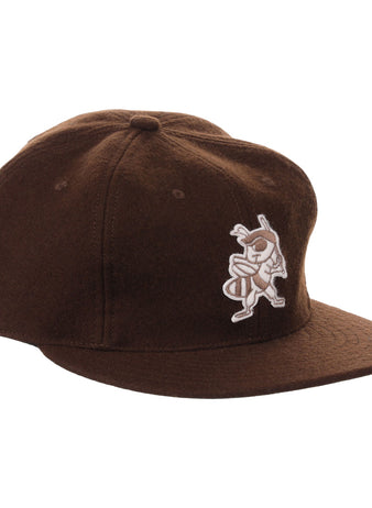 The EFF Salt Lake Bees Vintage Inspired Ballcap in brown features an embroidered cartoon bee mascot with a bat on the front panel, displayed on a white background.
