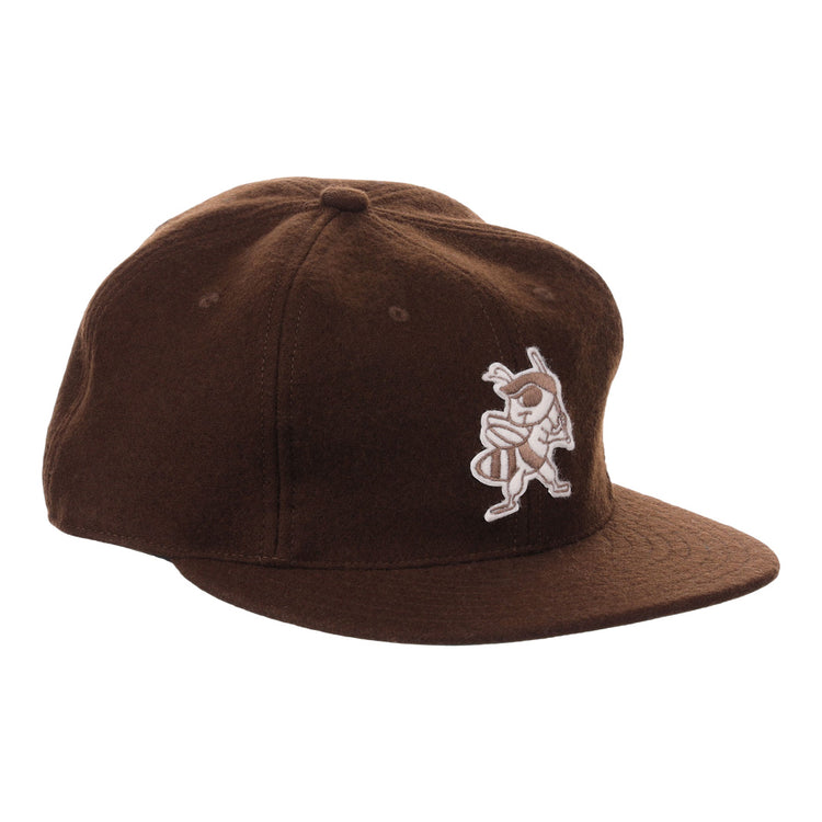 The EFF Salt Lake Bees Vintage Inspired Ballcap in brown features an embroidered cartoon bee mascot with a bat on the front panel, displayed on a white background.