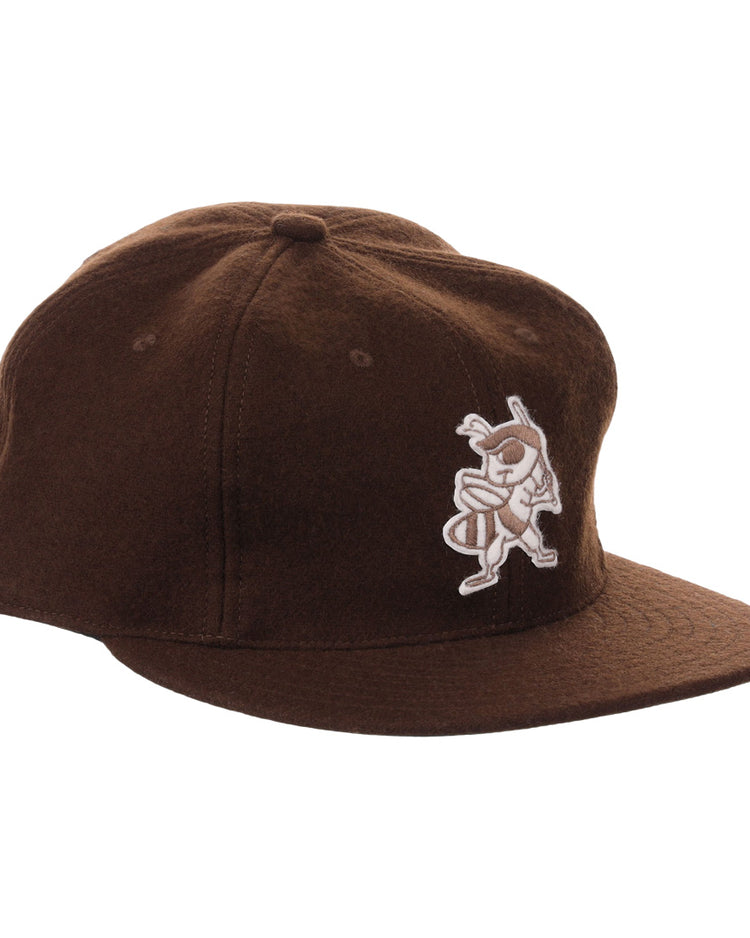 The EFF Salt Lake Bees Vintage Inspired Ballcap in brown features an embroidered cartoon bee mascot with a bat on the front panel, displayed on a white background.