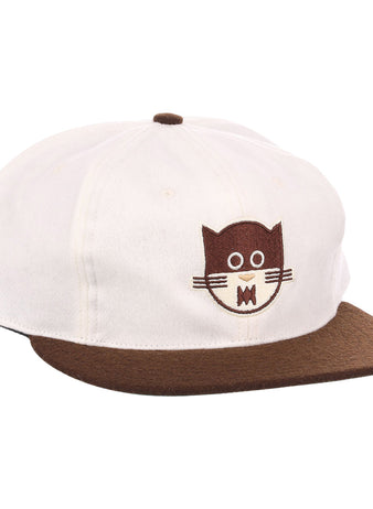 The EFF Chicago Cats Vintage Inspired Ballcap is a genuine wool cap with a white crown, brown brim, and an embroidered cartoon cat face—ideal for fans of playful Chicago ballcap style.